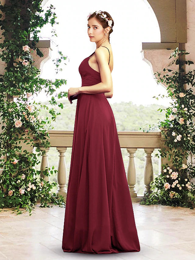 Luolandi A-Line Bridesmaid Dress V Neck / Spaghetti Strap Sleeveless Elegant Floor Length Chiffon